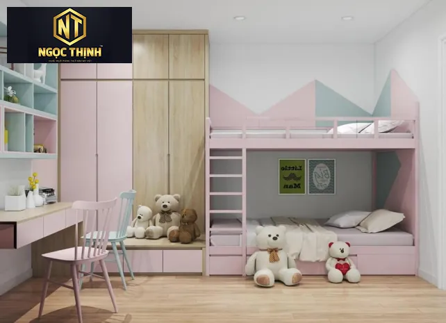 GIƯỜNG TẦNG TRẺ EM NGỌC THỊNH MÀU HỒNG PASTEL DỊU DÀNG